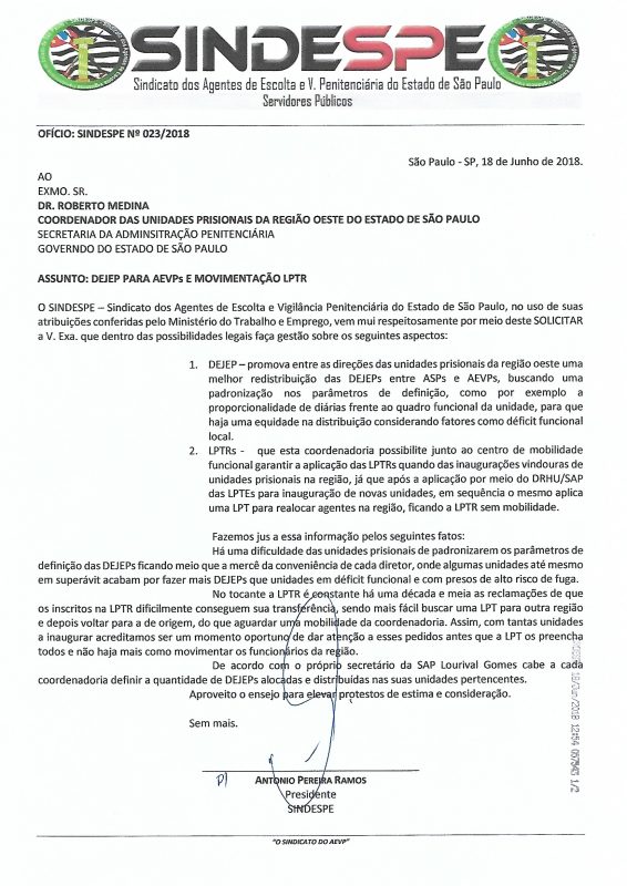 Oficio Sindespe 023-2018 - CRO Dejep