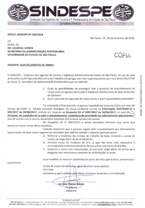 Oficio Sindespe 6-2018 acautelamento