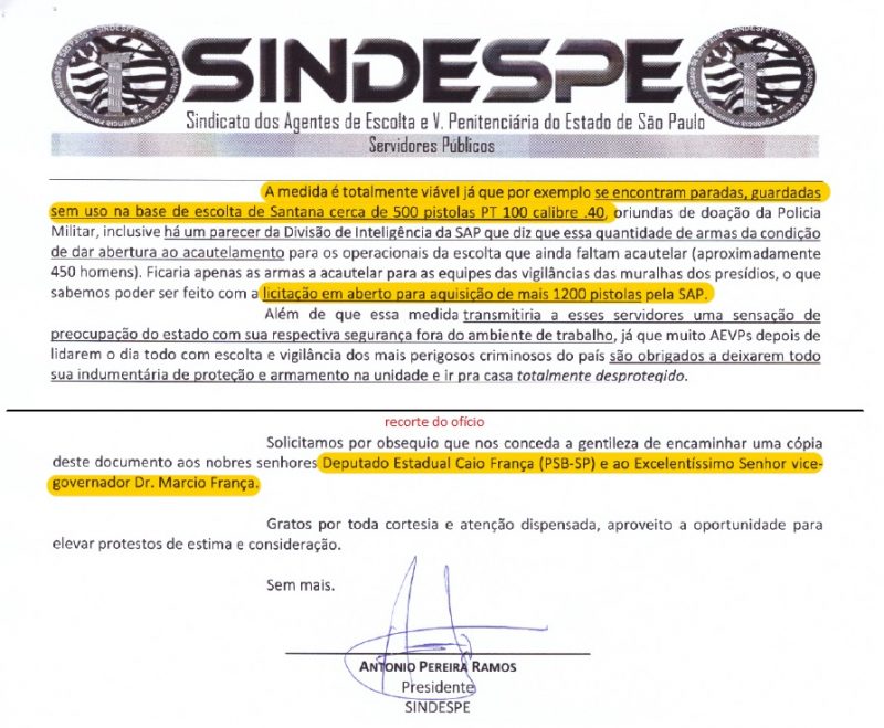 Recorte das páginas seguintes do ofício pedindo o acautelamento e protocolando cópia ao novo governador Márcio França