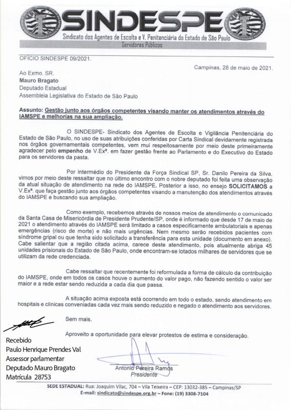 Ofício SINDESPE 09-2021 - Dep. Mauro Bragato 1