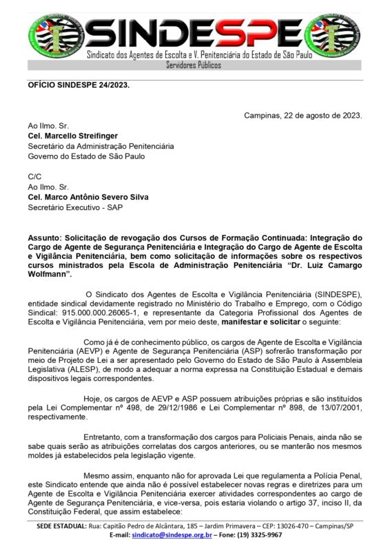 Ofício 24-2023 - Secretário da SAP CC Secretário Executivo - Solicitação de revogação dos Cursos de Formação Continuada_page-0001